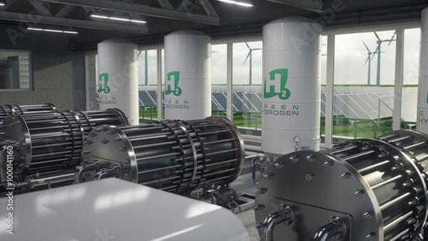 Obraz Generation of green hydrogen in a renewable production plant. Realistic 3D render.