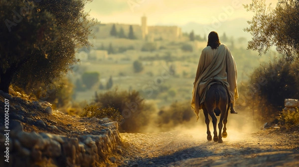 Fototapeta Jesus, calm and serene, riding on a small donkey down a dusty path, His robes flowing gently in the wind. He gazes ahead with purpose, the weight of His mission visible in His expression. 
Bible God.