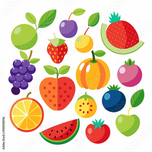Fototapeta A picture of fruits and vegetables with a picture of a fruit on it . Flat fruits icons set. Colorful flat design concepts for web banners VECTOR