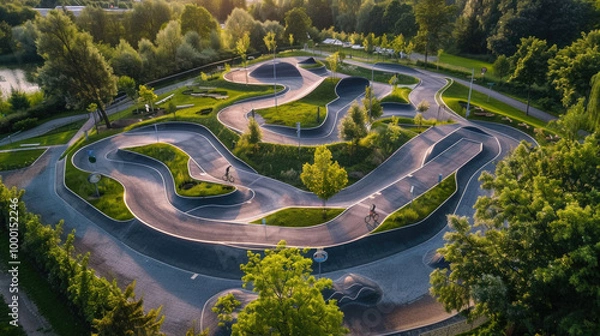 Fototapeta Aerial View of Modern Pump Track in Lush Green Park at Sunset with Cyclists Enjoying the Curved Pathways