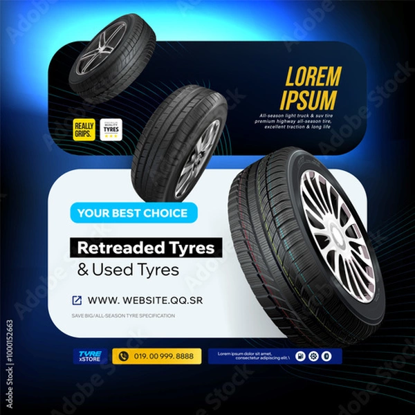 Fototapeta Tires with a restored tread
and used tires. Poster. An advertising template.