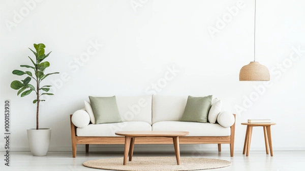 Obraz Modern living room with a light beige sofa, decorative cushions, plant, and wooden table under soft lighting in a stylish home