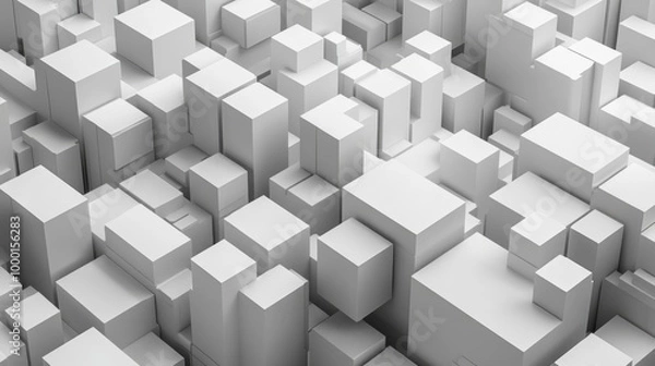 Fototapeta Abstract urban landscape featuring geometric white cubes arranged in a grid pattern, exemplifying modern architecture concepts and design aesthetics in a clean, monochromatic setting.