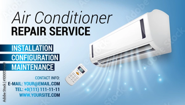 Fototapeta Air Conditioning Repair Flyer banner business card with Realistic detailed isometric 3d air conditioning blowing cold air in the room for home