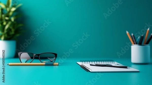 Fototapeta A stylish workspace featuring sunglasses, a pen, and a notebook with vibrant teal background and potted plant.