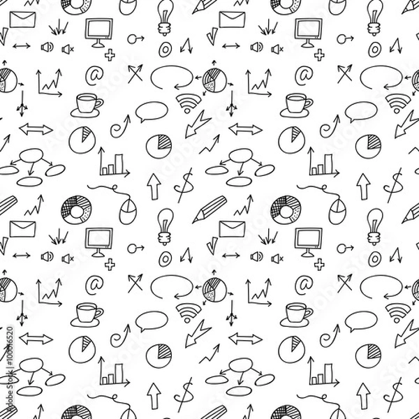 Fototapeta Social icons and business icons hand drawn seamless pattern . Doodle. Vector.
