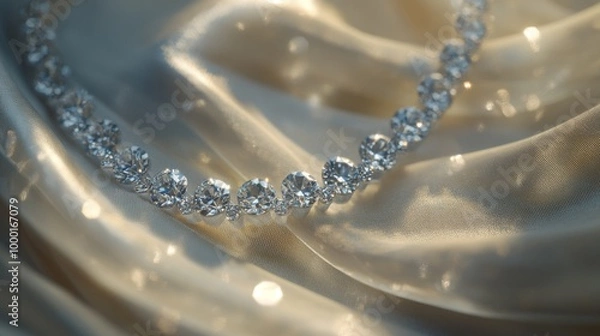 Fototapeta A creative shot of a diamond necklace draped over a delicate fabric, with a focus on the sparkling gems reflecting light, creating a luxurious and elegant atmosphere.
