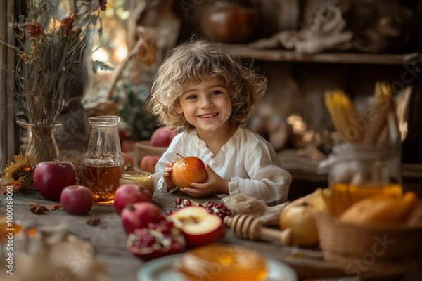 Obraz Happy Child Celebrating Rosh Hashanah with Honey and Apples and Pomegranate