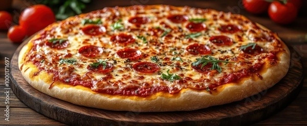 Fototapeta sizzling hot pizza is lavishly topped with melted cheese pepperoni and fresh vegetables oozing deliciousness set against a rustic wooden table evoking hunger and culinary delight