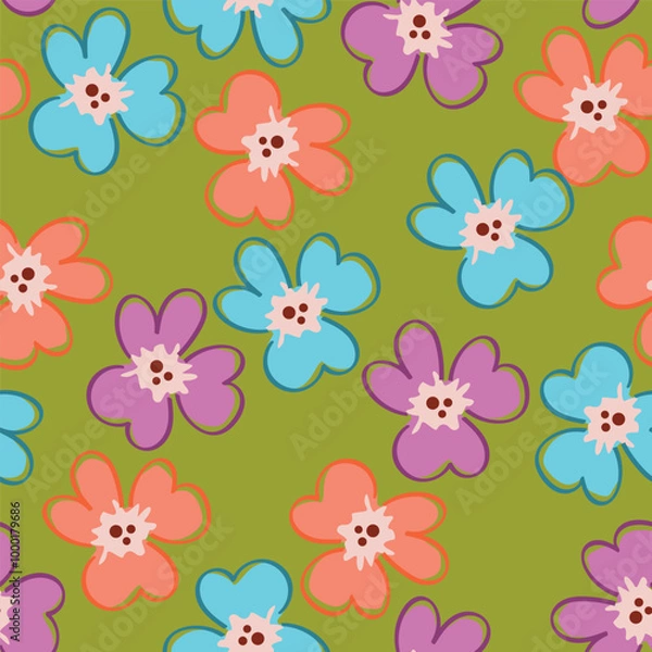 Fototapeta Seamless floral pattern, elegant ditsy print, abstract ornament with green blooming field in retro motif. Pretty botanical design: small hand drawn wild flowers, grass, leaves. Vector illustration.