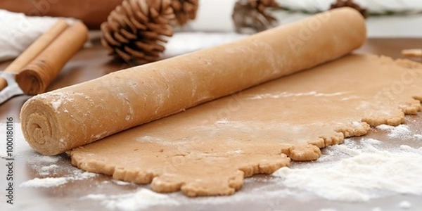 Fototapeta A long roll of dough is being rolled out on a table. The dough is covered in flour and has a slightly brownish color. There are also some pine cones on the table