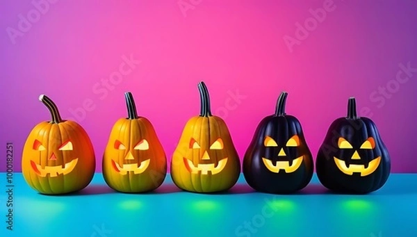Fototapeta Carved colorful squashes displayed against a fluorescent neon background, enhancing the vibrant Halloween spirit.