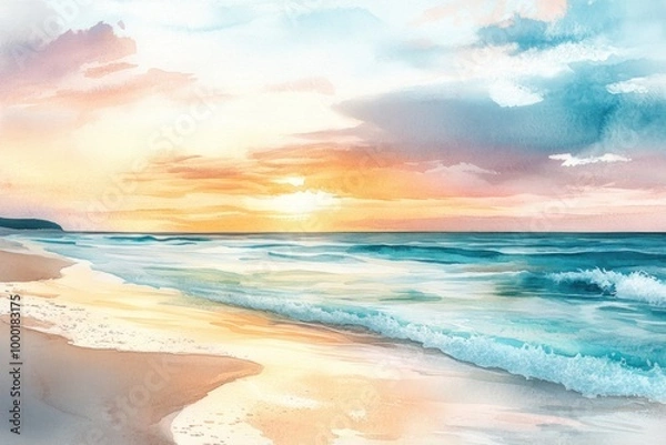 Fototapeta Watercolor Painting of a Coastal Sunset with Waves Crashing on the Shore