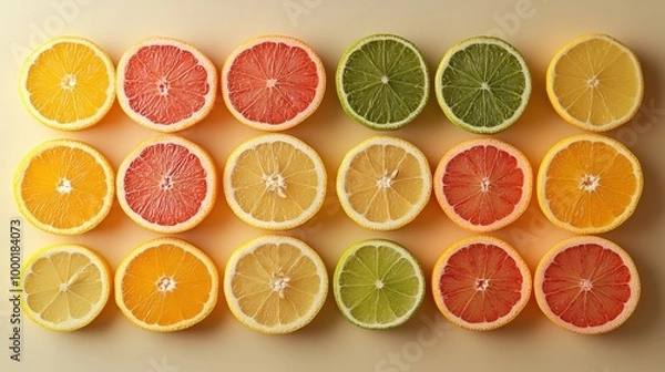 Fototapeta A vibrant display of sliced citrus fruits showcasing a variety of colors and textures, ideal for food-related themes and designs.