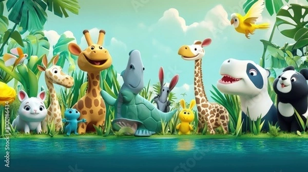 Fototapeta Funny animals. 3d vector panorama. Quokka  shark  turtle  parrot  giraffe  rabbit  zebra  elephant  stork  crocodile  kangaroo  panda