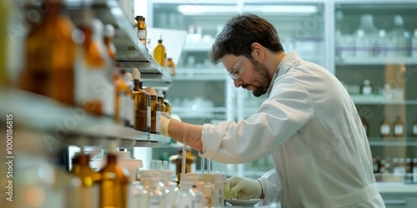 Obraz Pharmacist in safety glasses carefully examining medicine bottles on a shelf in a pharmacy laboratory