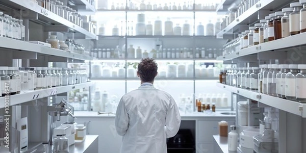 Obraz Rear view of a pharmacist in a modern laboratory surrounded by shelves filled with various medicine bottles