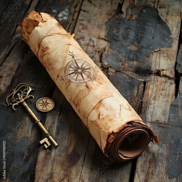 Fototapeta Handmade paper scroll with key and a compass 