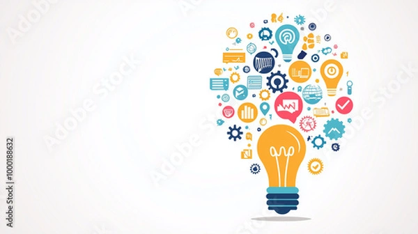 Obraz Lightbulb made of interconnected gears and icons representing business and creativity, complex ideas, mechanical creativity in business, flat design