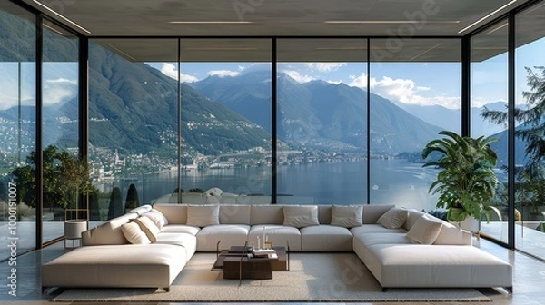 Obraz Modern living room with white sofa and large windows overlooking the mountains, lake and city. The glass walls have aluminum window frames. The floor is covered with white carpet