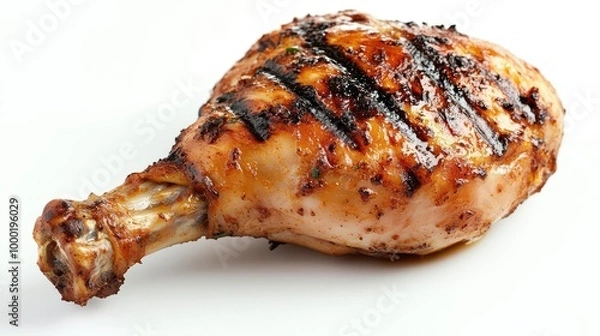 Obraz perfectly grilled chicken leg on stark white background glistening with savory juices char marks adding visual appeal epitome of mouthwatering food photography