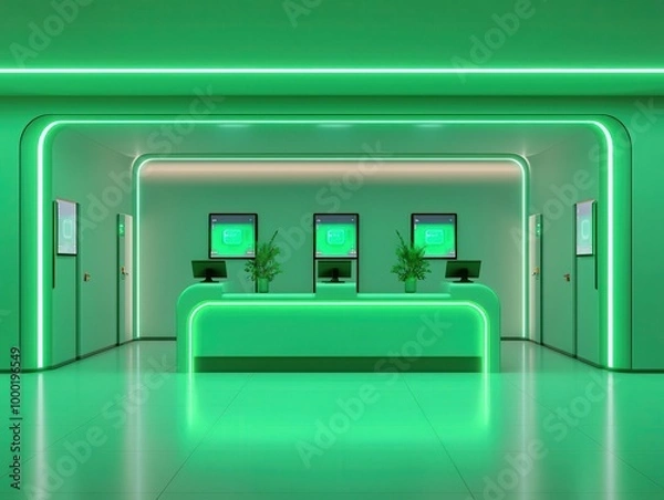 Obraz Futuristic bank interior with digital hologram machines, sleek service counters, and ambient lighting, Tech-futuristic, neon green, photorealistic