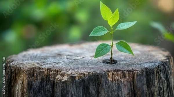 Fototapeta poignant image of young sapling emerging from decaying tree stump lush green leaves contrast with weathered wood symbolizing renewal and resilience