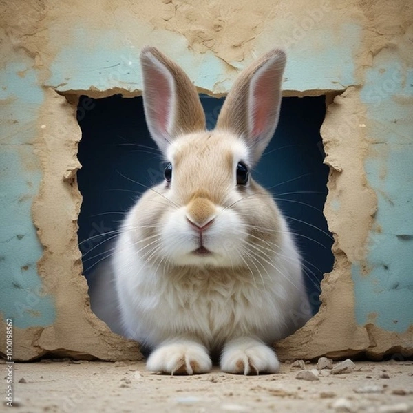 Fototapeta Playful Bunny Emerging from Blue Fluffy Hole