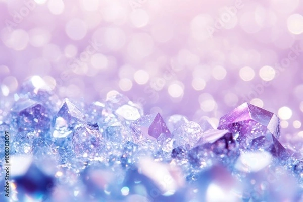 Fototapeta closeup of white crystal particles, sparkling like diamonds with a light purple background with bokeh effect