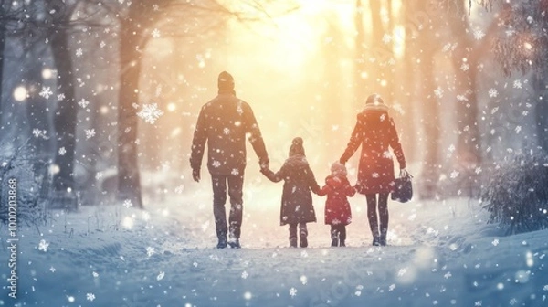 Fototapeta Family Walking Hand-in-Hand Through Snowy Forest