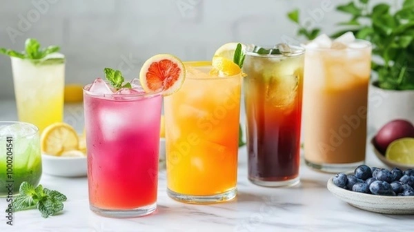 Fototapeta refreshing summer beverage array featuring colorful cocktails fresh lemonade and iced coffee styled on white marble counter with garnishes