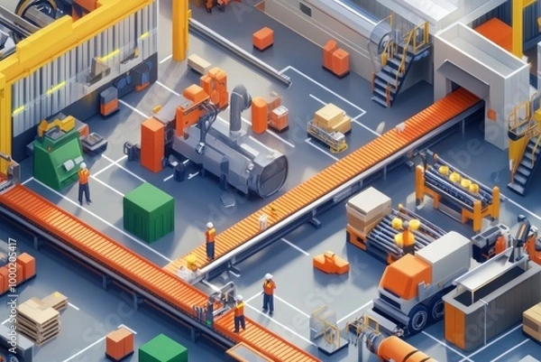 Fototapeta Isometric View of a Factory Production Line with Workers and Automated Equipment
