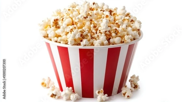 Fototapeta oversized photorealistic red and white striped popcorn bucket overflowing with perfectly popped kernels isolated on a pure white background