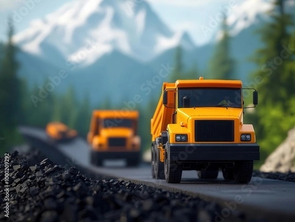 Fototapeta Road paving project with autonomous trucks delivering recycled asphalt, set against a mountainous background with green energy powering the machines, Sustainability, 3D Art