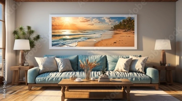 Fototapeta Living Room with Beach Sunset Painting