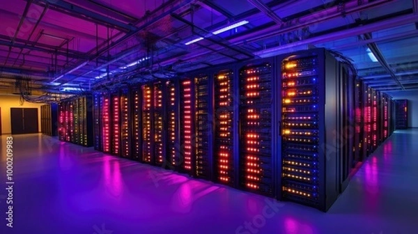 Obraz Photograph of modern data center server racks, storage systems and cloud computing. 3D forward-moving camera view.