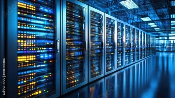 Obraz Photograph of modern data center server racks, storage systems and cloud computing. 3D forward-moving camera view.