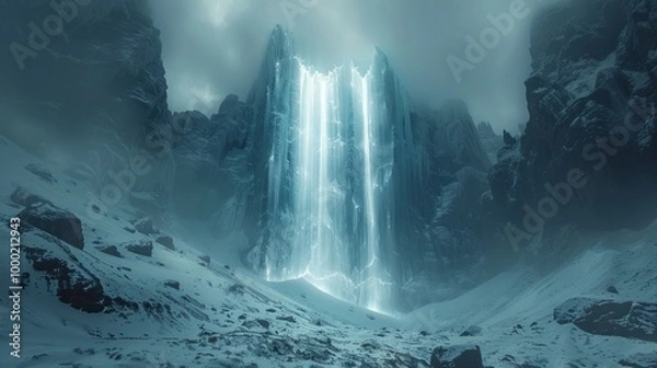 Fototapeta Mystical Waterfall in a Snowy Mountain Gorge