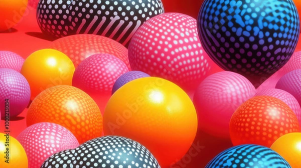 Fototapeta Seamless pattern of 3D balls and long curved geometric shapes, abstract futuristic background, design, cartoon illustration, volumetric objects, wallpaper, backdrop, waves, spheres, pastel color, blue