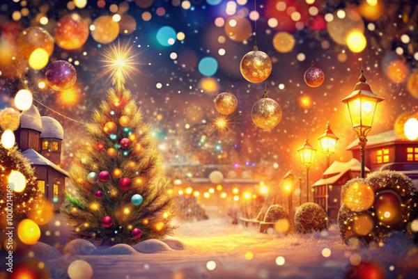 Fototapeta A magical winter night with a beautifully decorated Christmas tree glowing in a snow-covered village illuminated by festive lights. Generative AI