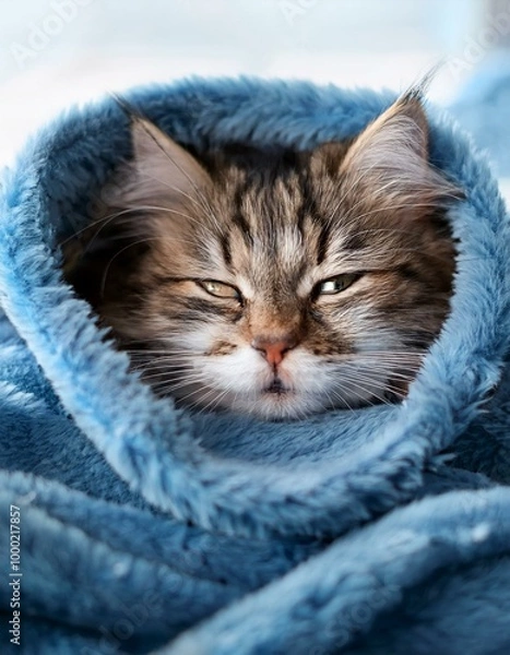 Fototapeta 寒い冬の日、ふわふわの毛布にくるまってまるまっている猫。顔だけを毛布からのぞかせ、眠たそうにくびをしている愛らしい姿