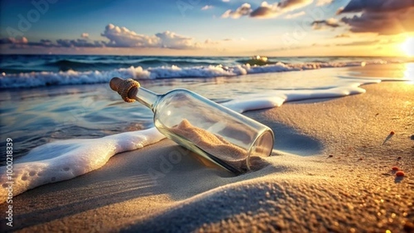 Fototapeta Beautiful Tropical Beach with a Time Capsule Glass Bottle Golden Sand and Crystal Clear Ocean Water, A Serene Coastal Paradise Perfect for Digital Graphic Design Projects and Backgrounds