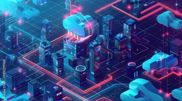 Fototapeta A visual of the top cloud computing trends for 2024, from AI integration to edge computing and cloud-native applications.