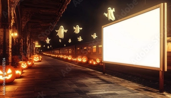 Fototapeta Blank white poster display at a haunted train station, perfect for spooky Halloween advertising mockup to attract attention and create an eerie atmosphere.