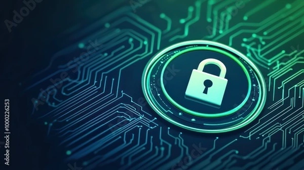 Fototapeta Digital security concept with padlock symbol on circuit board background.