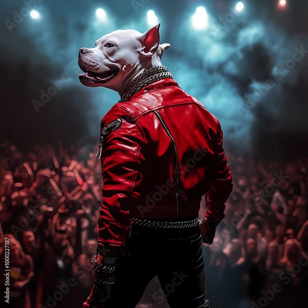 Fototapeta Cinematic Image of a Humanoid American Pitbull Rapper Performing on Stage