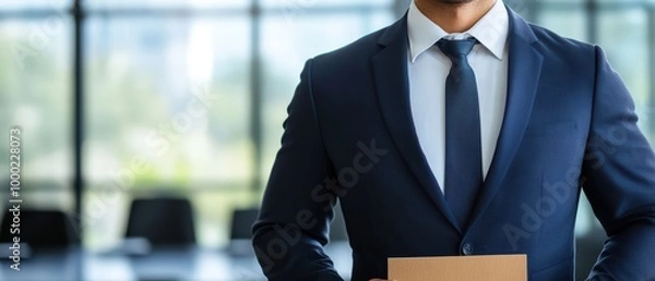 Fototapeta Professional man in a suit holding a document, modern office background, confidence and success in work environment.
