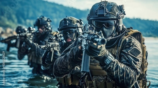 Fototapeta A group of Navy SEALs in full tactical gear, ready to deploy from a helicopter hovering over water. The scene captures the intensity and professionalism of elite military operations