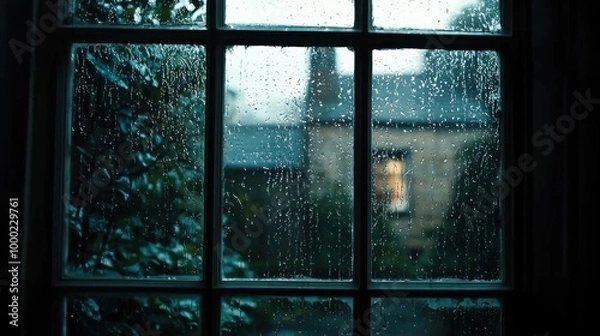 Fototapeta Raindrops trickling down a window, revealing a gloomy, overcast day outside. The scene evokes a cozy and peaceful mood indoors, perfect for relaxation and reflection.