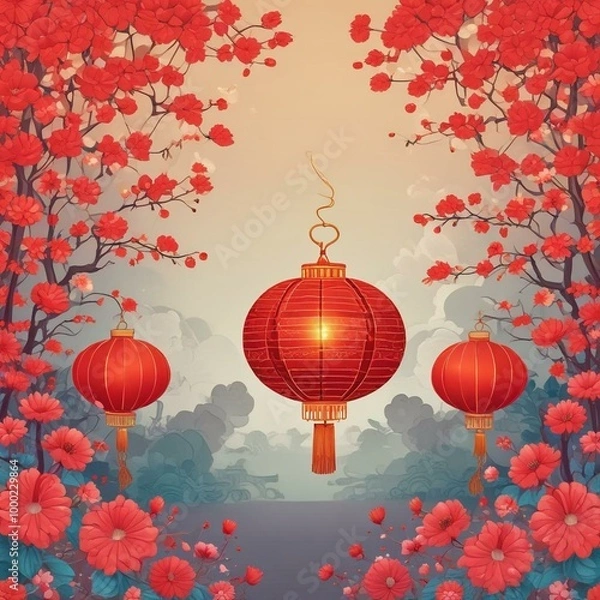 Fototapeta Vibrant Red Chinese Lanterns Illuminated Against Web Illustration Background